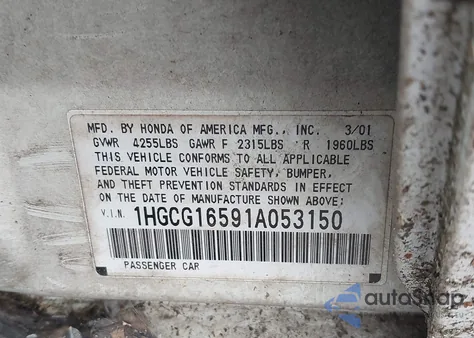 2001 Honda Accord 3.0 Ex from USA, damaged, VIN 1HGCG16591A053150